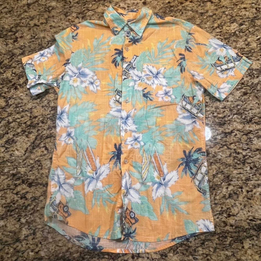 IZOD Saltwater Mens Small Orange Tropical Surfboard Floral Short Sleeve Shirt